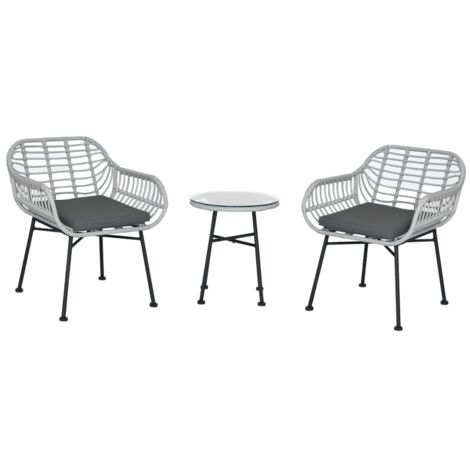 Ensemble de mobilier de jardin 3 pièces en rotin PE, salon de jardin avec 2 chaises et table basse en verre pour terrasse et bistro, gris