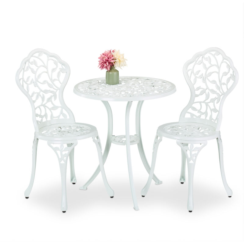 Salon de jardin, pour 2 personnes, design romantique, fonte d'aluminium, table et 2 chaises, blanc - Relaxdays
