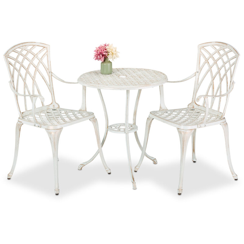 Relaxdays - Salon de jardin pour 2 personnes, table avec 2 chaises, fonte d'aluminium, design antique, blanc et bronze