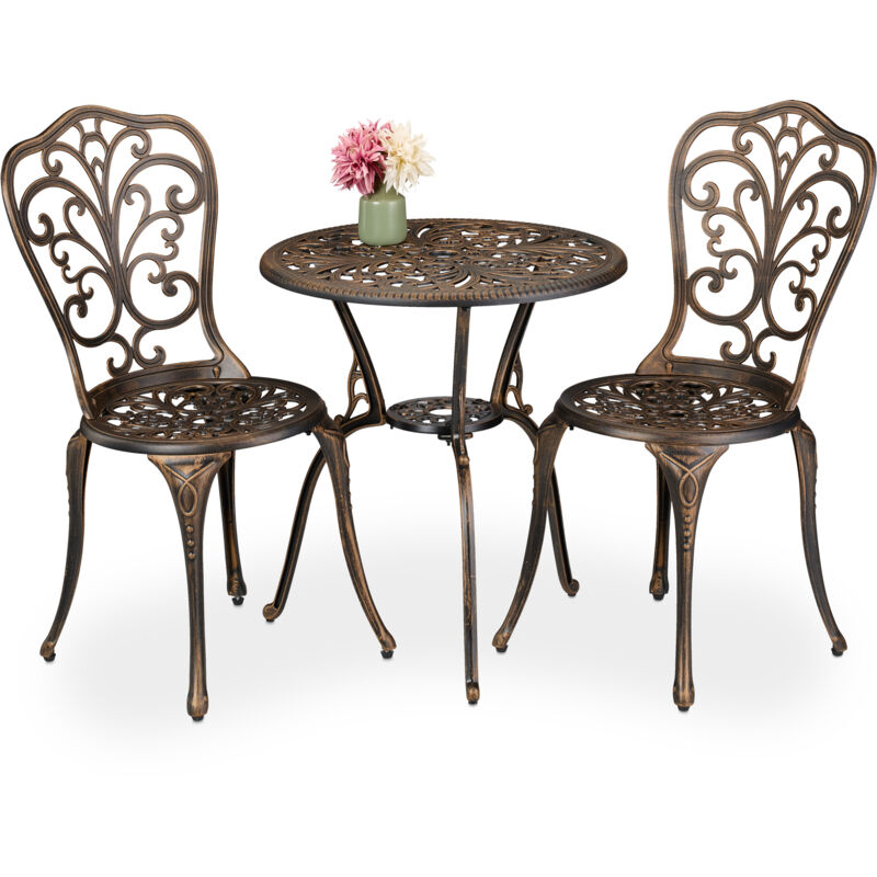 Salon de jardin pour 2 personnes, table avec 2 chaises, fonte d'aluminium, design rustique, noir et bronze - Relaxdays