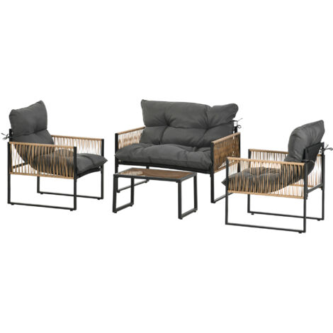 Ensemble de mobilier de jardin 4 pièces, canapé, 2 fauteuils, table avec plateau en verre, structure métallique, résine tressée, gris anthracite