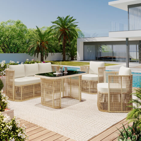 Ensemble de mobilier de jardin 5 pièces, rotin PE, avec coussins en polyester, structure en acier et plateau en verre trempé, beige