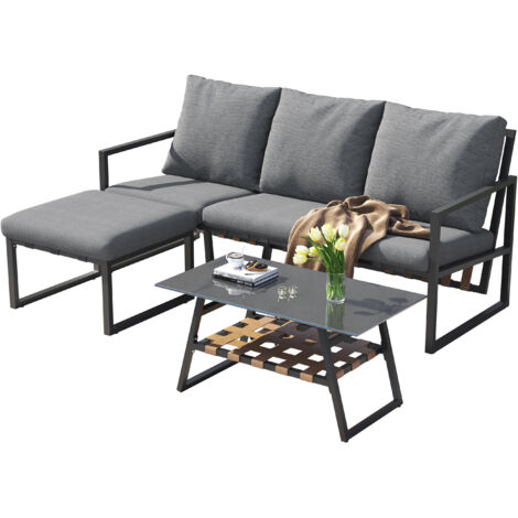 Ensemble de mobilier de jardin, canapé d’angle + table basse + repose-pieds, tube en acier galvanisé, plateau en verre, adapté pour jardin, piscine et autres espaces extérieurs, gris