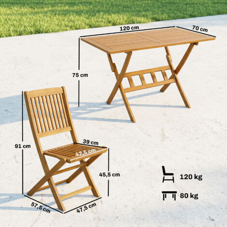 Ensemble de mobilier de jardin en bois certifié FSC, comprenant une table pliante 5 pièces et 4 chaises pliantes à lattes.