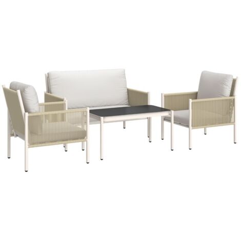 Ensemble de mobilier de jardin en polyrotin comprenant un canapé 2 places, un fauteuil, une table en verre, des coussins, pour 4 personnes, marron et gris.