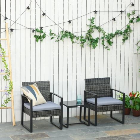 Ensemble de mobilier de jardin en polyrotin Outsunny pour 2 personnes, ensemble pour balcon avec coussins, couleur gris pour extérieur