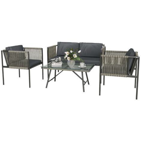 Ensemble de mobilier de jardin en rotin 4 pièces, salon de jardin avec canapé 2 places, 2 fauteuils d'extérieur, table basse en verre et coussins lavables, structure en acier, noir/gris
