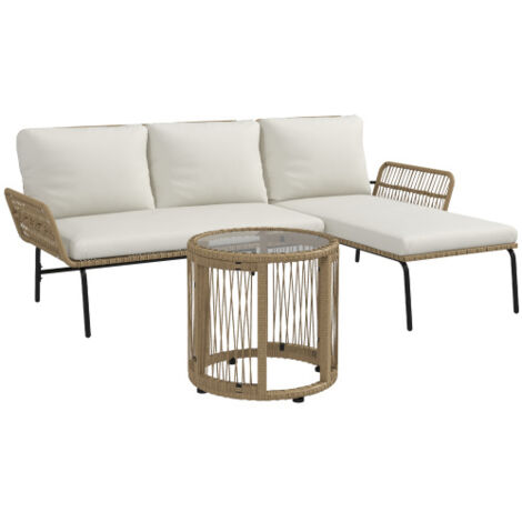 Ensemble de mobilier de jardin en rotin comprenant une chaise longue, une table basse, un canapé deux places et des coussins de siège couleur crème, pour terrasse et balcon