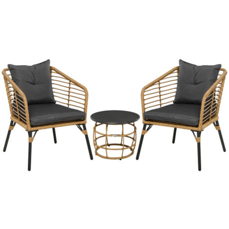 Ensemble de mobilier de jardin en rotin, salon de jardin 3 pièces comprenant une table basse et 2 chaises, ensemble bistro avec coussins, mobilier de balcon, sable et gris foncé
