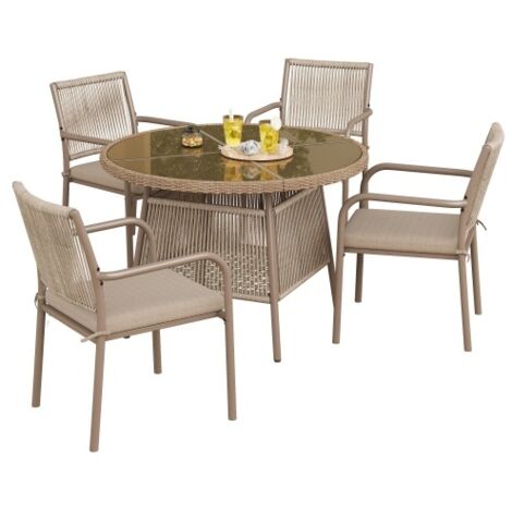 Ensemble de mobilier de jardin moderne en rotin, comprenant une table ronde en verre et quatre fauteuils, avec une structure en fer. Idéal pour une terrasse, un balcon ou un patio.