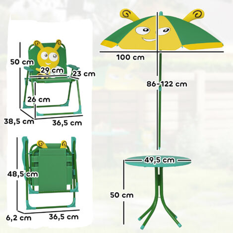 Ensemble de mobilier de jardin pour enfants, chaises, table, parasol, motif abeille, vert et jaune