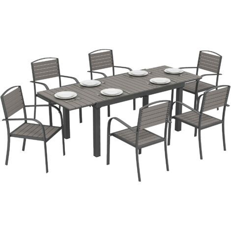 Ensemble de mobilier de jardin, salon de jardin 7 pièces, table extensible et 6 chaises, aspect bois, structure à lattes, cadre en aluminium