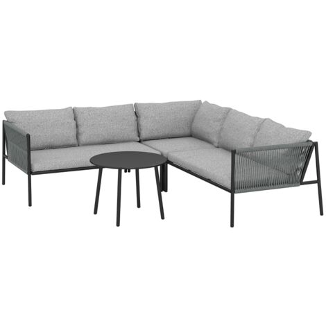Ensemble de mobilier de jardin, salon de jardin en polyrotin avec canapé d'angle, table et coussins pour 6 personnes, gris foncé