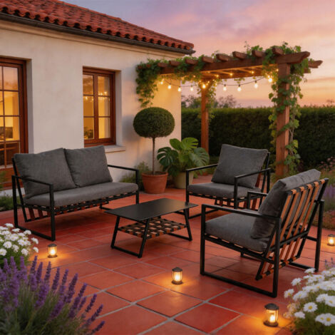 Ensemble de mobilier de jardin, salon de jardin pour 4 personnes, comprenant un canapé, une table basse et des coussins, housses amovibles et lavables, noir