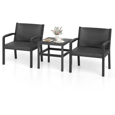 Ensemble de Mobilier de Patio 3 Pièces avec 2 Chaises en Rotin & Table d'Appoint Carrée, Mobilier en Rotin pour Patio, Jardin, Gris