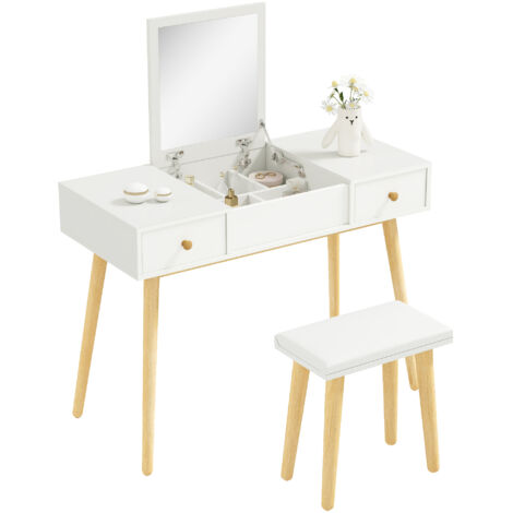 Ensemble de mobilier de salon de coiffure avec tabouret miroir pliable, style scandinave, 2 tiroirs, 100 x 45 x 118 cm, blanc