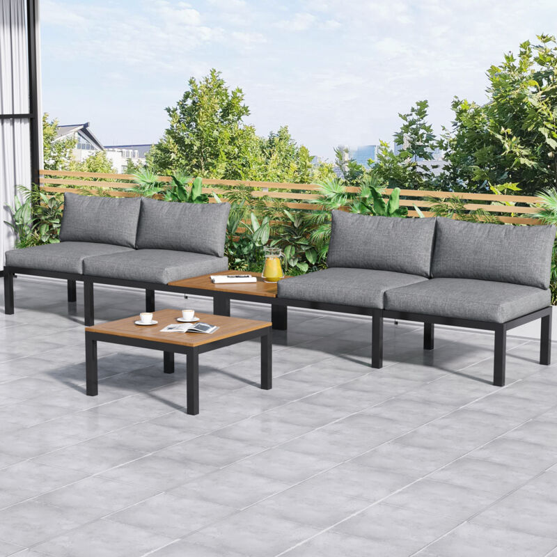 Ensemble de mobilier d'extérieur - 2 canapés + 2 tables d'appoint + 1 table rectangulaire centrale - réglable - métal - 6 places - pour jardin,