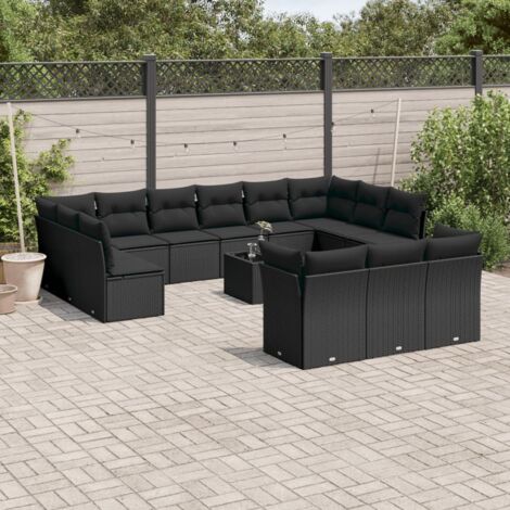 Ensemble de Mobilier Jardin 3 Pièces Noir avec Coussins, Table 80x80 cm en Verre Trempé, Chaises Bascule en Résine Tressée