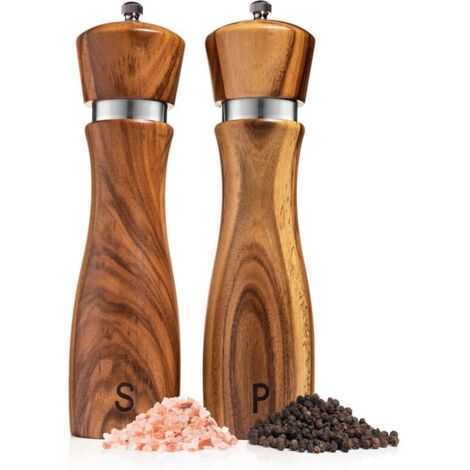 Ensemble de moulins à sel et à poivre en bois : moulins à sel et à poivre rechargeables, réglables pour une mouture personnalisée, en bois d’acacia massif avec un cœur en céramique/acier inoxydable, 2