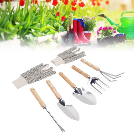 Ensemble de Outils de Jardin en Acier Inoxydable avec Manches en Bois Gants en Toile pour Plantation Résistant à la Rouille Pelles Bêches et Râteaux Idéal pour le Jardinage Extérieur-KZQ