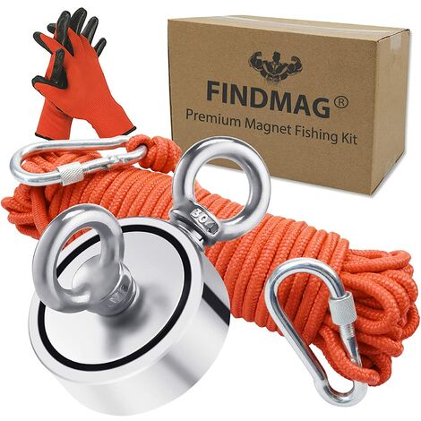 Ensemble de pêche magnétique, aimant de pêche à forte force de traction de 300 kg, pêche à aimant rond en néodyme avec anneaux double face, pour récupérer dans la rivière, Diamètre 60 mm THISNDE B