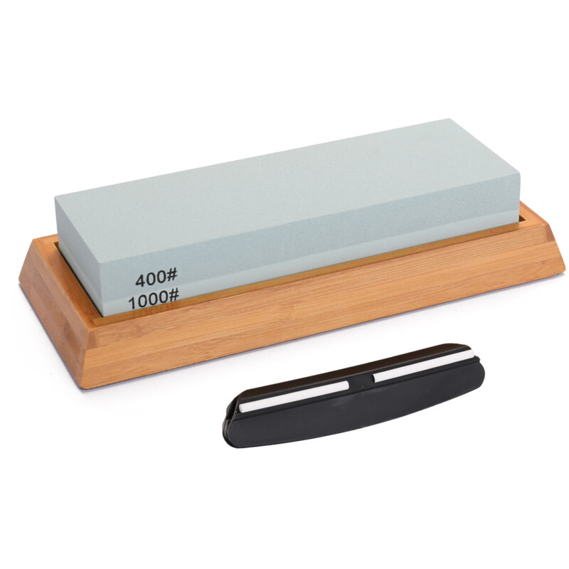 Ensemble de pierres à aiguiser bicolores double face pour outil d'affûtage de cuisine avec base en bambou antidérapante