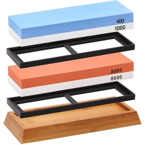 Ensemble de Pierres à Aiguiser pour Couteaux, Kit d'Affûtage Premium avec Base en Bambou Antidérapante