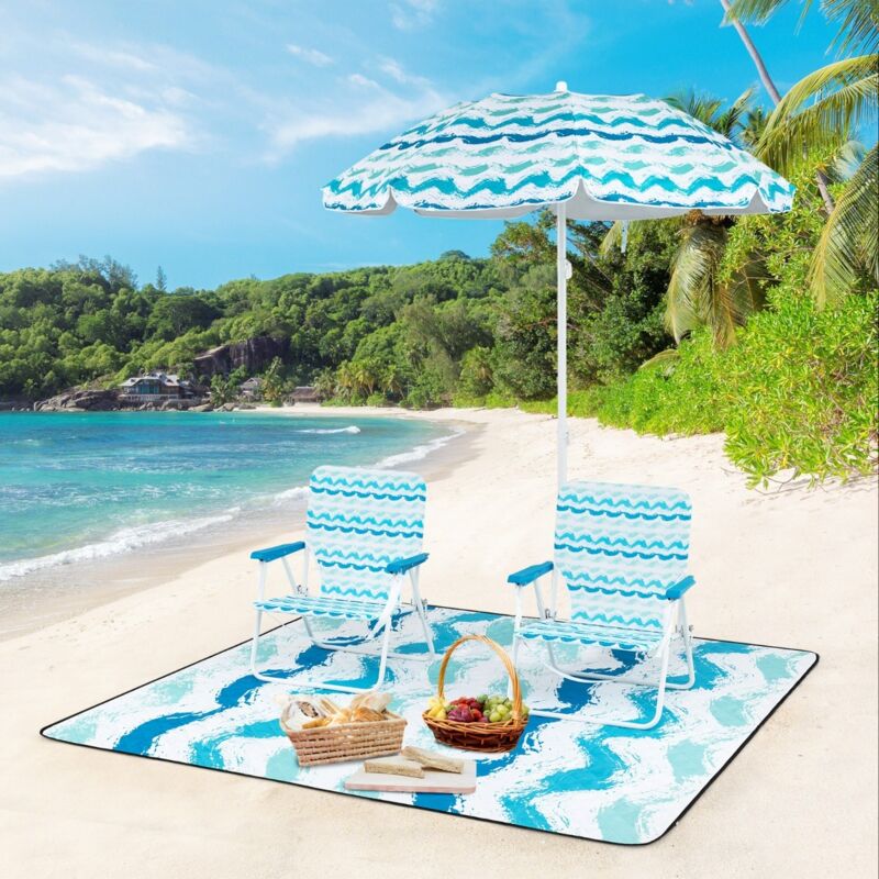 Ensemble de Plage 4 Pièces avec Parasol 2 Chaises Pliables et Tapis de Pique-nique avec Mécanisme d'inclinaison Sac de Transport Bleu