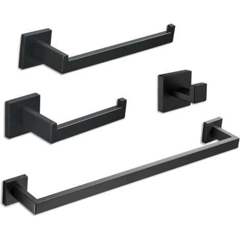 Ensemble de porte-serviettes 4 pièces – Acier inoxydable SUS304 – Installation murale – Finition noire – Dimensions 46 x 16 x 9 cm