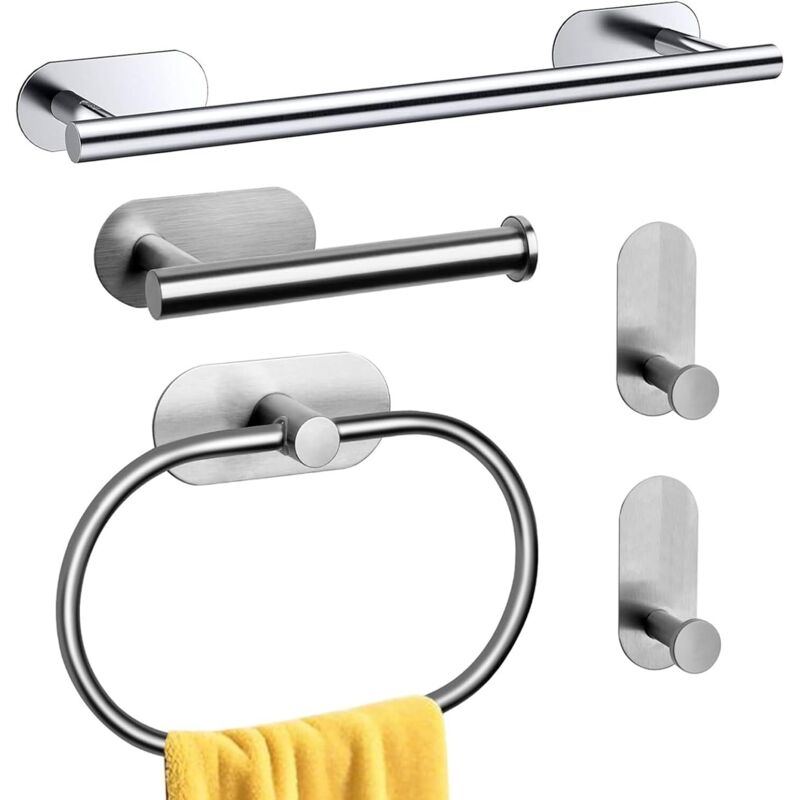 Ensemble de porte-serviettes de salle de bain en acier inoxydable, crochet autocollant et porte-papier toilette (argenté, 5 pièces)