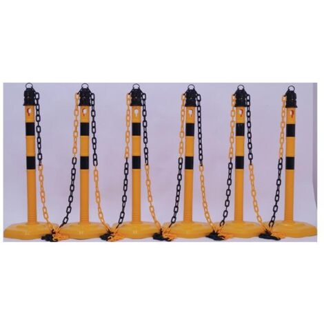 Ensemble de potelets de blocage  en PU jaune/noir avec pied hexagonal D63xH1000mm 6 poteaux et 5 chaînes
