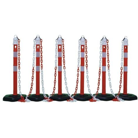 Ensemble de potelets de blocage PP rouge/blanc avec pied hexagonal D63xH1000mm 6 poteaux et 5 chaînes