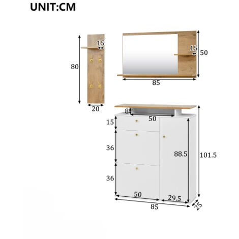 Ensemble de rangement 3 pièces en panneau de bois naturel et blanc, porte-manteau avec éclairage LED, miroir, étagère à chapeaux et meuble à chaussures, élégant pour entrée