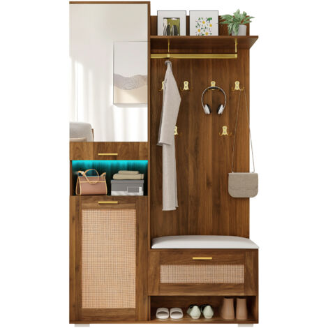 Ensemble de rangement d'entrée avec miroir, 6 crochets dorés, armoire à chaussures, patère murale, étagère supérieure, banc et éclairage LED 16 couleurs