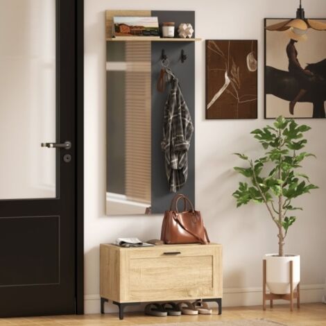 Ensemble de rangement d'entrée en bois naturel et gris, banc à chaussures, miroir, 3 crochets et étagère ouverte, design élégant multifonction pour couloir et maison