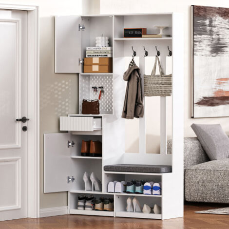 Ensemble de rangement d'entrée en panneau de bois multifonction, avec crochets, miroir, meuble à chaussures, étagère supérieure et banc d'entrée, pratique et spacieux