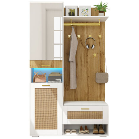 Ensemble de rangement pour le dressing, armoire avec miroir, 6 patères dorées, meuble à chaussures, portemanteau mural, compartiment de rangement supérieur, banc et éclairage LED à 16 couleurs