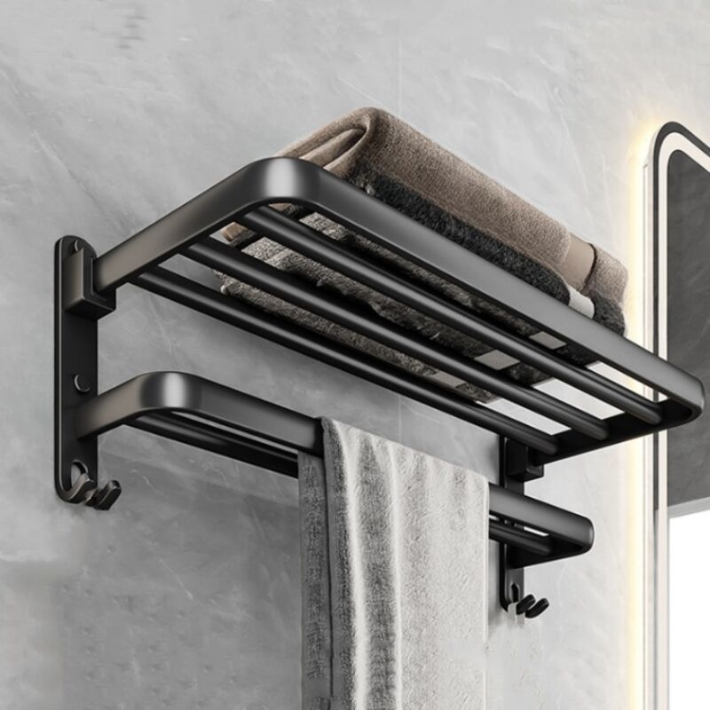 Ensemble de Rangement pour Salle de Bain - Porte-Serviettes en Aluminium Noir, Sans Perçage - Élégant et Pratique 50cm
