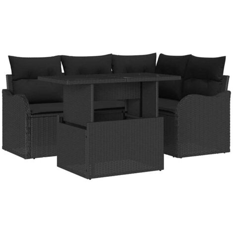 Ensemble de repas extérieur avec coussin 5 pcs  Mobilier de jardin Noir Poly rotin