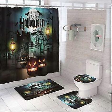 Ensemble de rideau de douche Château de citrouilles pour Halloween, décoration de salle de bain générique Halloween 180 x 180 cm - Rideau de douche avec tapis, couvre-abattant de toilette, baignoire