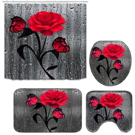 Ensemble de rideau de douche et tapis 3D Rose imperméable en polyester - ECELEN - Rouge