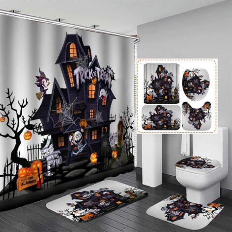 Ensemble de rideau de douche Halloween avec tapis antidérapant, housse de toilette et tapis de bain, rideau de douche citrouille hantée avec 12 crochets, ensemble de décoration de salle de bain imperm