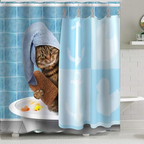 ensemble De Rideau De Douche Impermable Chaton Bleu 180 X 180 Cm Avec 12 Crochets, Rideau De Douche En Tissu Pour Salle De Bain, Rideau De Baignoi