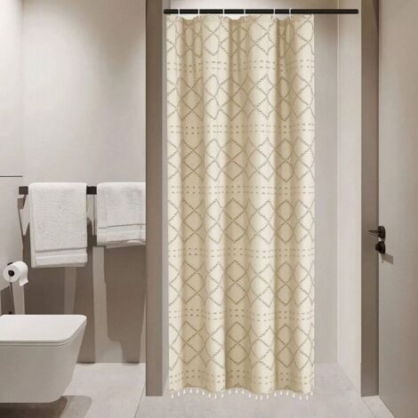 Ensemble de rideaux de douche multicolores à motif losanges bohème, 12 œillets antirouille et pompons, décoration de salle de bain luxueuse Beige