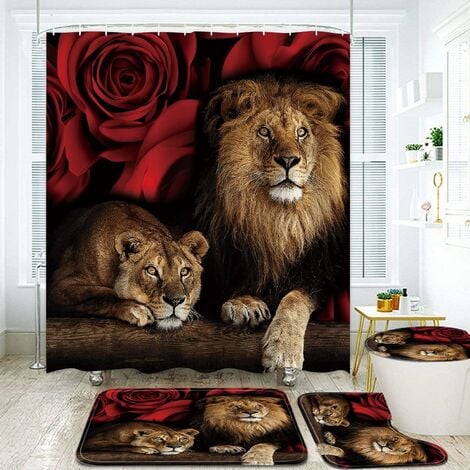 Ensemble de rideaux de douche rouge rose et lion avec tapis antidérapant, couvercle de toilette et tapis de douche, rideaux de douche pour animaux avec 12 crochets, ensemble de décoration de salle de
