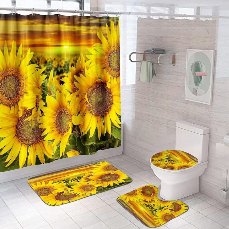 Ensemble de rideaux de douche tournesol 4 pièces, ensemble rideau et tapis