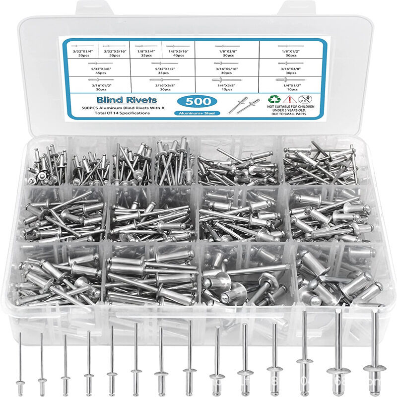 Ensemble de Rivets aveugles, combinaison de Rivets en aluminium, extrémité ouverte, tête ronde plate, en boîte, 500 pièces