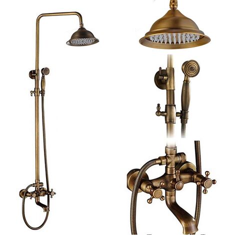Ensemble de robinet de douche de salle de bain antique en laiton colonne de douche montage mural double poignée avec douchette + étagère mitigeur de douche de salle de bain en laiton,D01