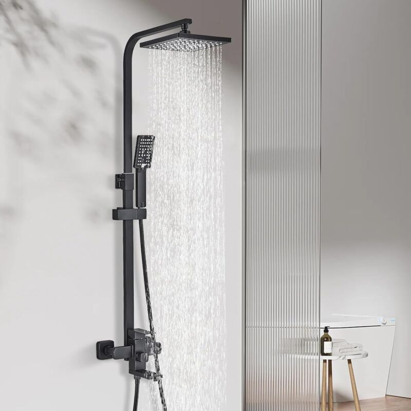 Suguword - Ensemble de robinet de douche noir pommeau de douche à effet pluie très mince 8 pouces avec laiton douchette à main robinet de douche à