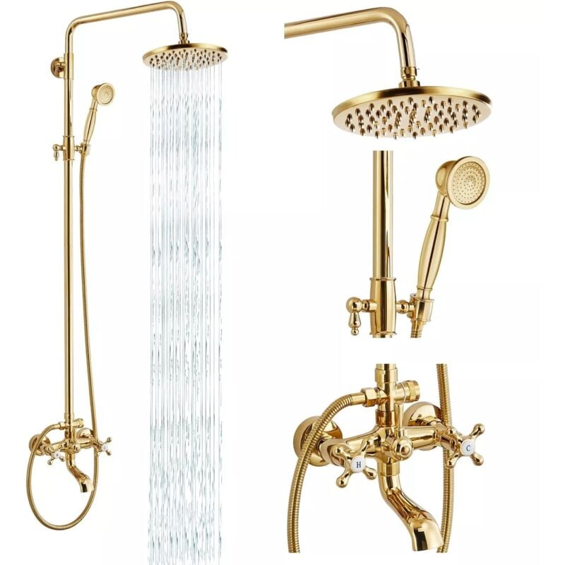 Colonne de douche antique réglable en hauteur Système de douche en laiton doré 3 modes de douche avec tablette